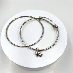 VTG Silver Tone Bangle Bracelet Set Heart Charm Minimalist Stackable Classic